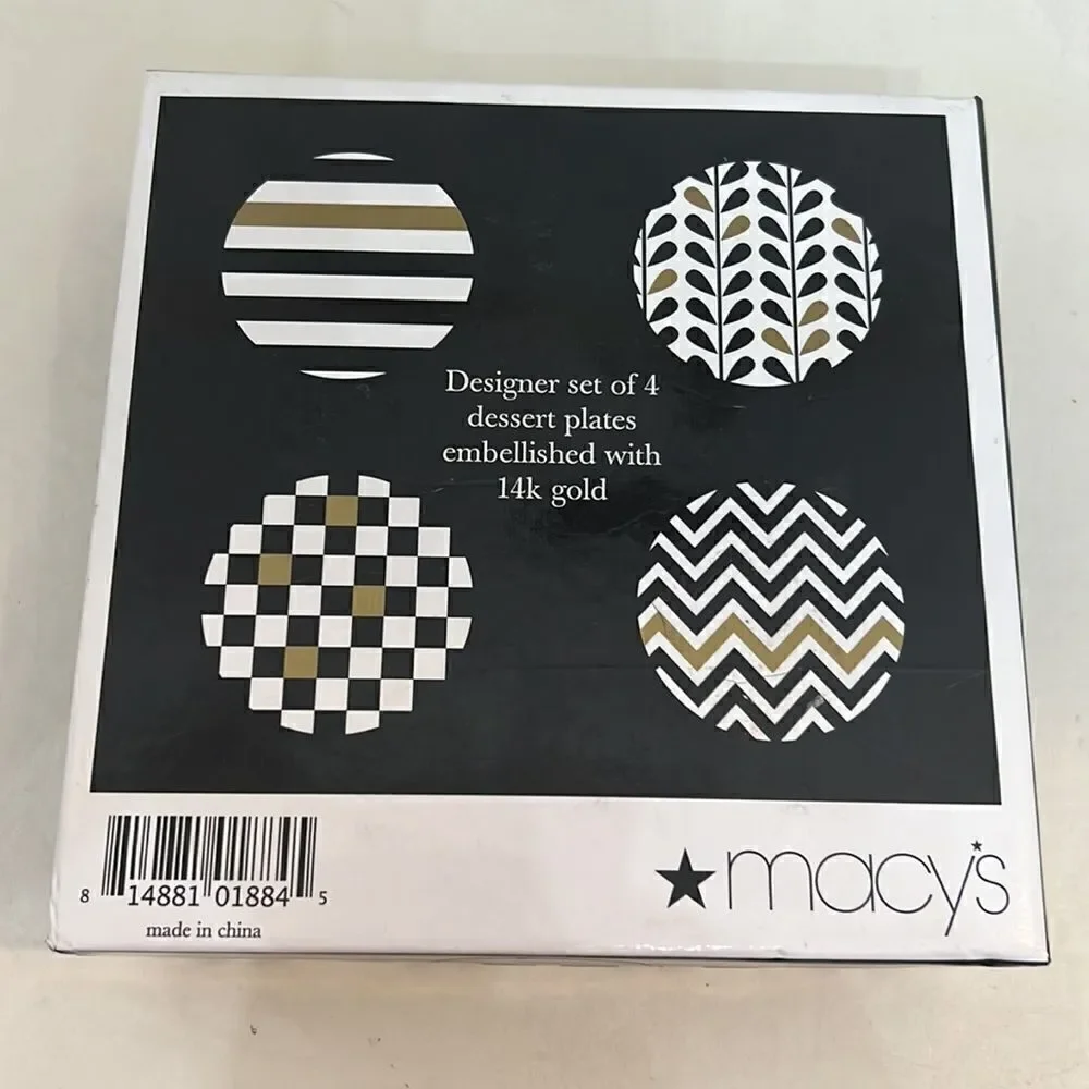 Macy’s Designer Plates Dessert Appetizer Set Of 4 Unique Embellished 14K Gold